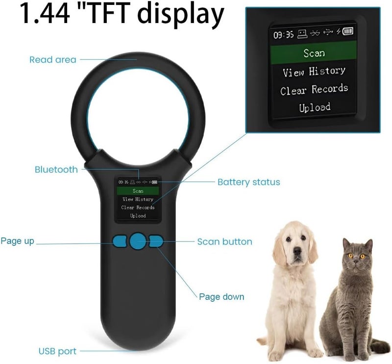Rabitpos Pet Microchip Scanner, Animal Universal Microchip Tag Reader Scanner with 1.44” TFT Screen, 500 Pieces Data Storage, 800mAh Rechargeable Battery, 3-in-1 Connections - Image 2